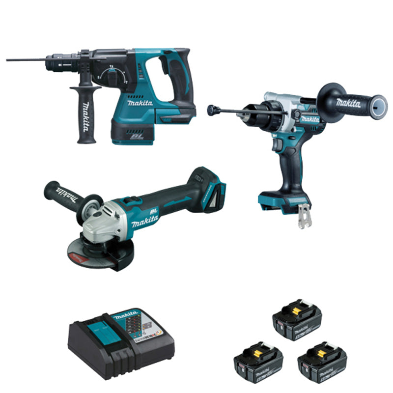 Set med 3 verktyg MAKITA DLX3157TJ (DDF486 borrskruvdragare + DHR243 borrhammare + DGA506 vinkelslip + BL1850×3 + DC18RC laddare + MAK2&4)
