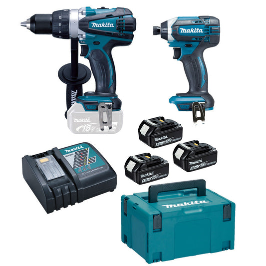 Paket med 2 verktyg MAKITA DLX2144TJ1 (Borrskruvdragare DDF458 + Slagskruvdragare DTD152 + Batterier BL1850×3 + Laddare DC18RC + Tillbehörsset MAK3)